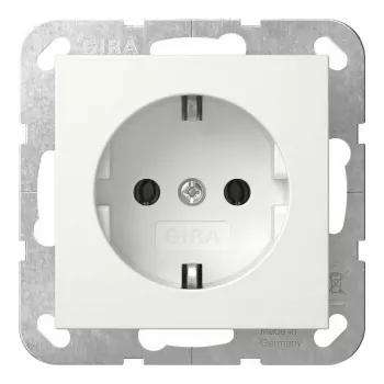 Gira 444013 SCHUKO kontaktligzda ar montāžas plāksni, virsapmetuma, tīri balta
