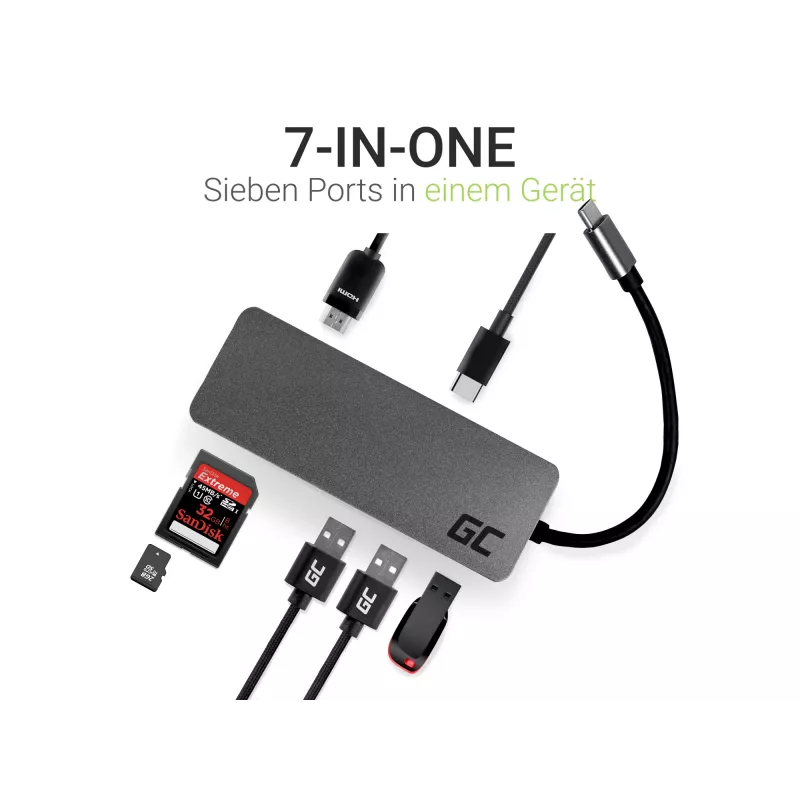 Green Cell AK50 - USB 3.2 Gen 1 Type-C - USB 2.0 - USB 3.2 Gen 1 Type-A - USB 3.2 Gen 1 Type-C - MicroSD (TransFlash) - SD - Sudraba - Apple MacBook
