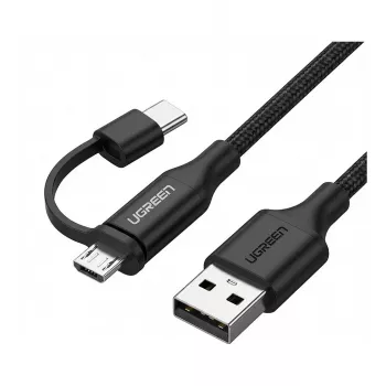 USB-A uz Micro USB un USB-C kabelis UGREEN 1 m Melns — divu savienotāju uzlādes un datu kabelis
