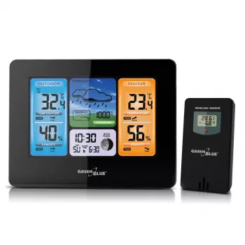 Digitālā laika stacija GreenBlue GB526 Melna — iekštelpu -20…60°C, āra -40…70°C, mitrums -20…95%, pulkstenis, mēness fāze