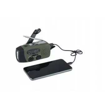 Ārkārtas radio FOSCO 464600 ar LED lukturīti, power bank, FM, IPX3, saules/manuālo/USB-C uzlādi — zaļš/melns
