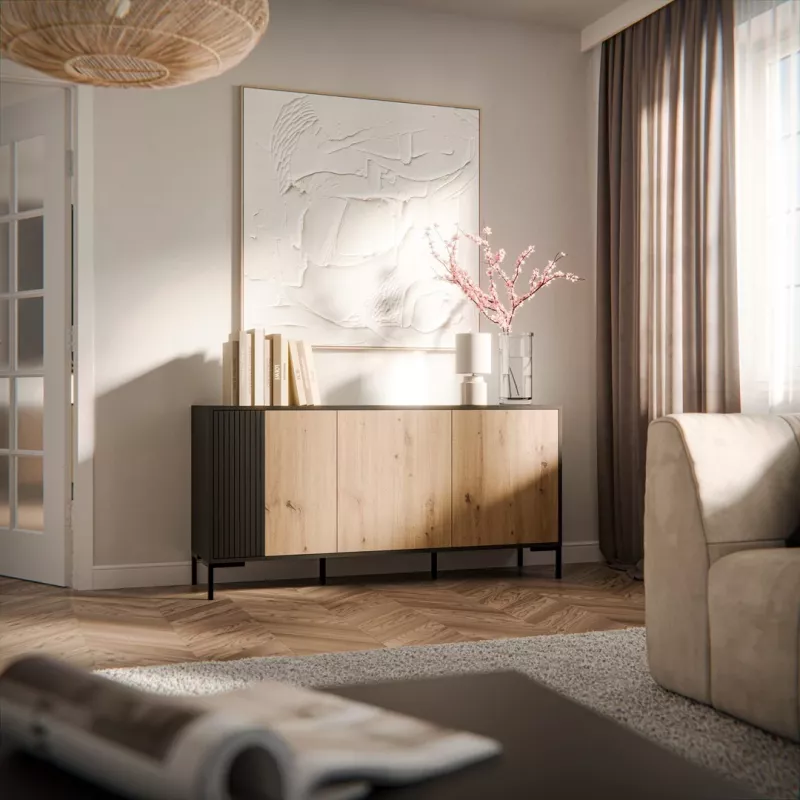 Kumode CAMA MERCI 151 x 40 x 74 cm — melna / artisan ozols, skaidu plātne