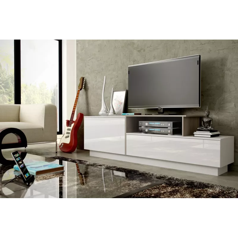 Cama TV skapis SIGMA 3 180 balts/balts glancēts + sonomas ozols