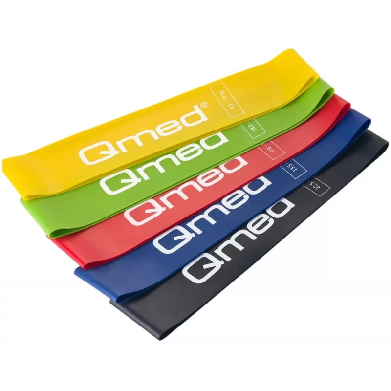 Pretestības joslu komplekts MDH DRQM3MYYSETP — 5 cilpu joslas (50 cm garums), latekss, platums 5 cm, slodzes 4.5–31.5 kg