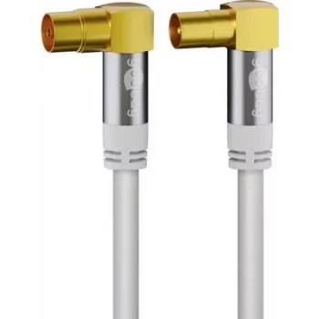 Goobay TV antennas kabelis (135 dB tips), 4x ekranēts, 10 m, balts - zeltīts, Koax ligzda 90° > Koax spraudnis 90° (70450)