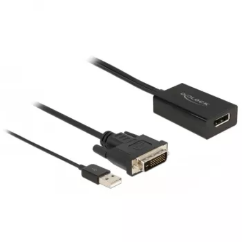 Delock adaptera kabelis DVI-D, USB (tikai barošana) (vīrietis) uz DisplayPort (sieviete) - DisplayPort 1.2 - 50 cm - atbalsta 4K 30 Hz - melns (63189)