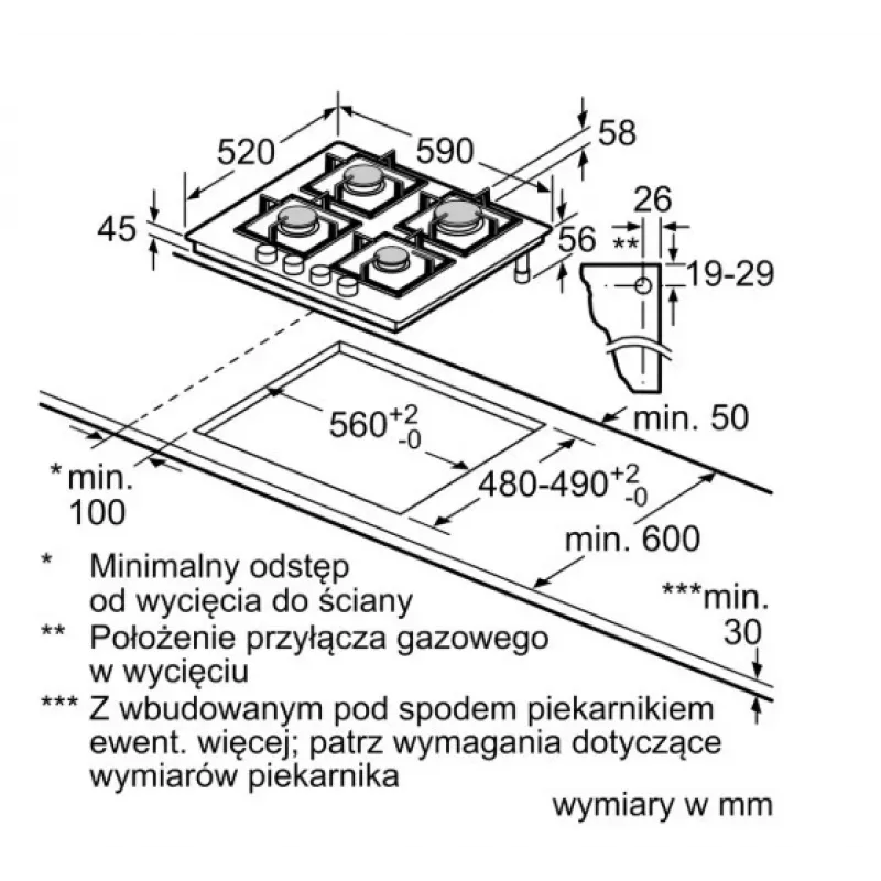 Iebūvējamā gāzes plīts virsma Bosch PPP6A2I40, 4 zonas, čuguna režģi, melna, 590×520×54 mm, rotējošie slēdži