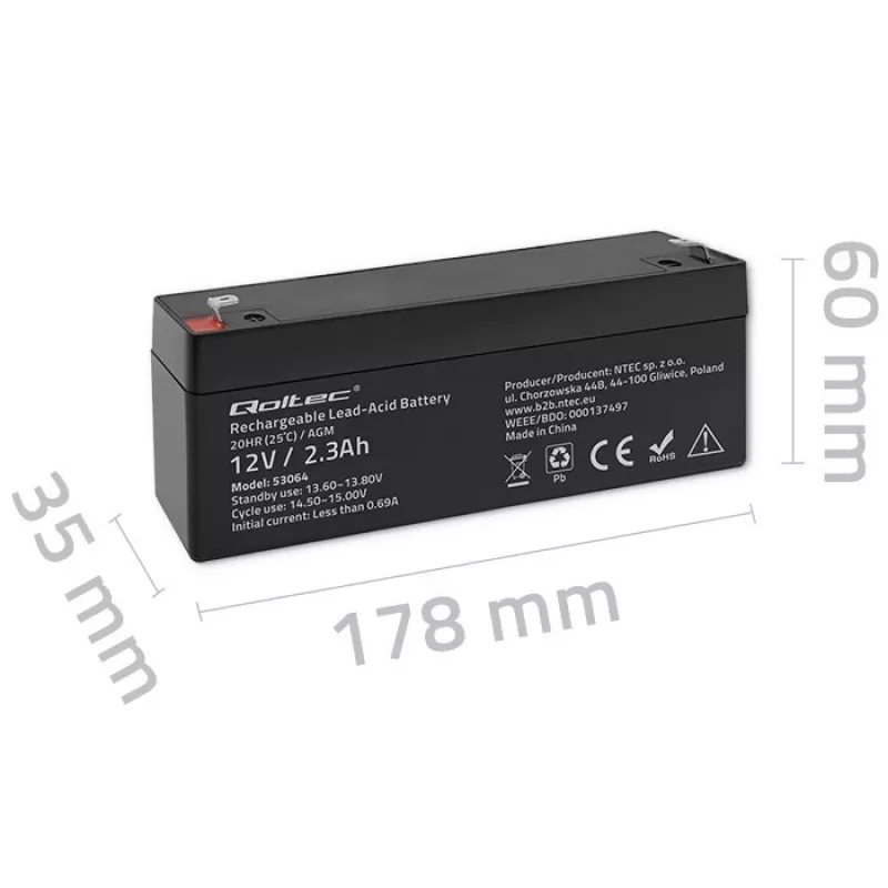 Noslēgts AGM akumulators QOLTEC 12V 2.3Ah UPS un rezerves sistēmām, maksimālā izlāde 34.5A