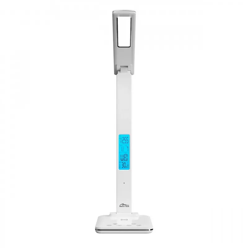 Media-Tech MT222 Leditou LED galda lampa ar 15 W Qi bezvadu uzlādi, pulksteni, modinātāju, termometru, baltā krāsā