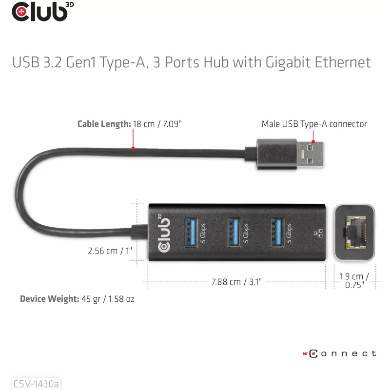 USB Hubs CLUB3D USB 3.2 Gen1 Type-A 3 Porti ar Gigabit Ethernet