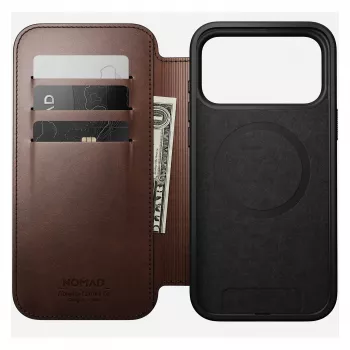 Nomad Modern Leather Folio maciņš iPhone 17 Pro Max — Brūna, āda, 6.3 collu ekrāns, 4 karšu kabatas
