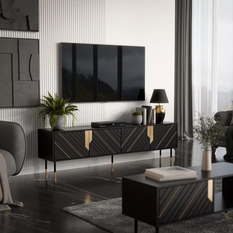 TV skapis Cama Mele 4D MOUNTAIN 2040×400×550 mm melns + zelts skaidu plātnes virsma