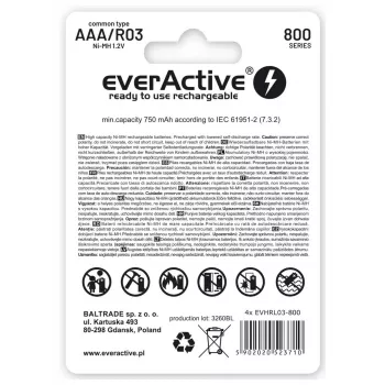 everActive EVHRL03-800 AAA NiMH uzlādējamās baterijas – 1,2 V, 800 mAh, 4 gab.