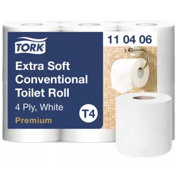 Tualetes papīrs Tork Premium Extra Soft Conventional T4 — 4 slāņu ruļļi 9,7 cm x 19,1 m, iepakojumā 6 gab.