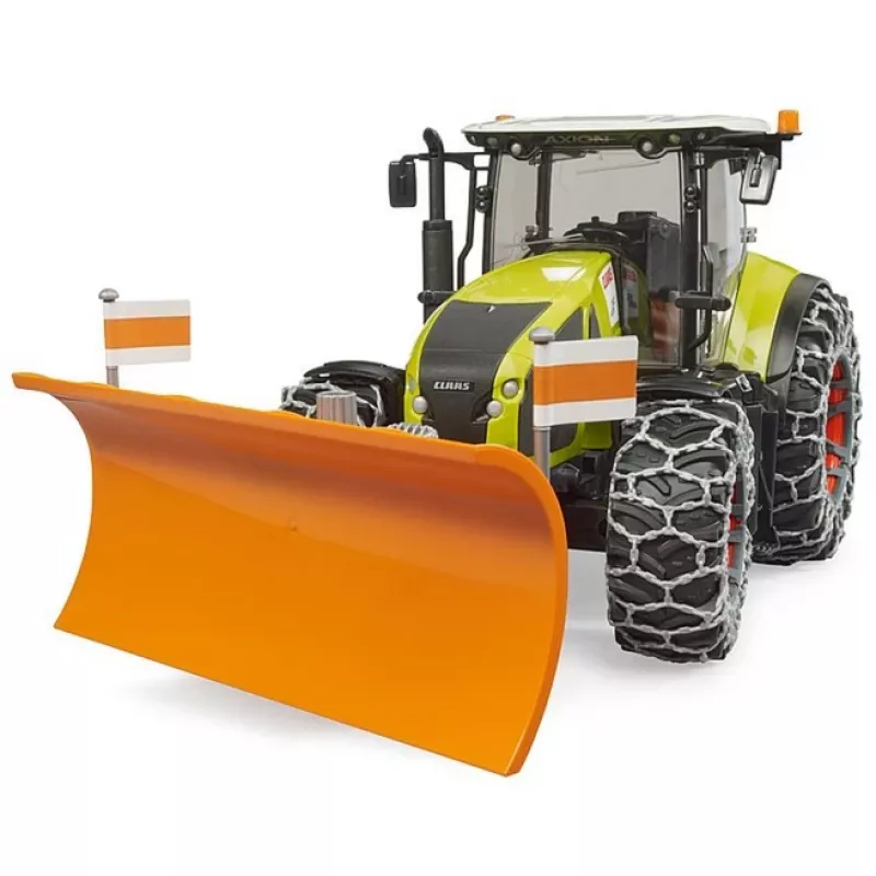 Traktors BRUDER Claas Axion 950 ar sniega ķēdēm un sniega lāpstu, mēroga modelis