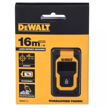 Lāzera attāluma mērītājs DeWalt DW055PL-XJ, diapazons 0–16 m, precizitāte ±6 mm, 3.7V uzlādējams akumulators, USB kabelis