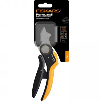Dārza šķēres Fiskars Plus PowerLever Anvil melni oranža