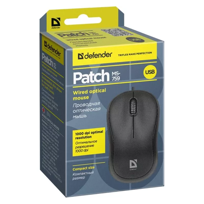 Vadu optiskā pele DEFENDER PATCH MS-759 USB Type-A, ambidekstrāla, 1000 DPI, melna