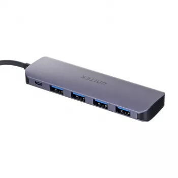 USB centrmezgls Unitek P5+ — 5 porti (4 × USB 3.2 Gen 2 Type-A), USB 3.2 Gen 1 hosts, 5 Gbit/s, 10 W PD, alumīnijs, pelēks