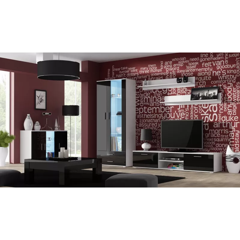 Sideboard Cama Meble SOHO S7 120 cm — 3 durvis, 4 plaukti, balta virsma, melns spīdums