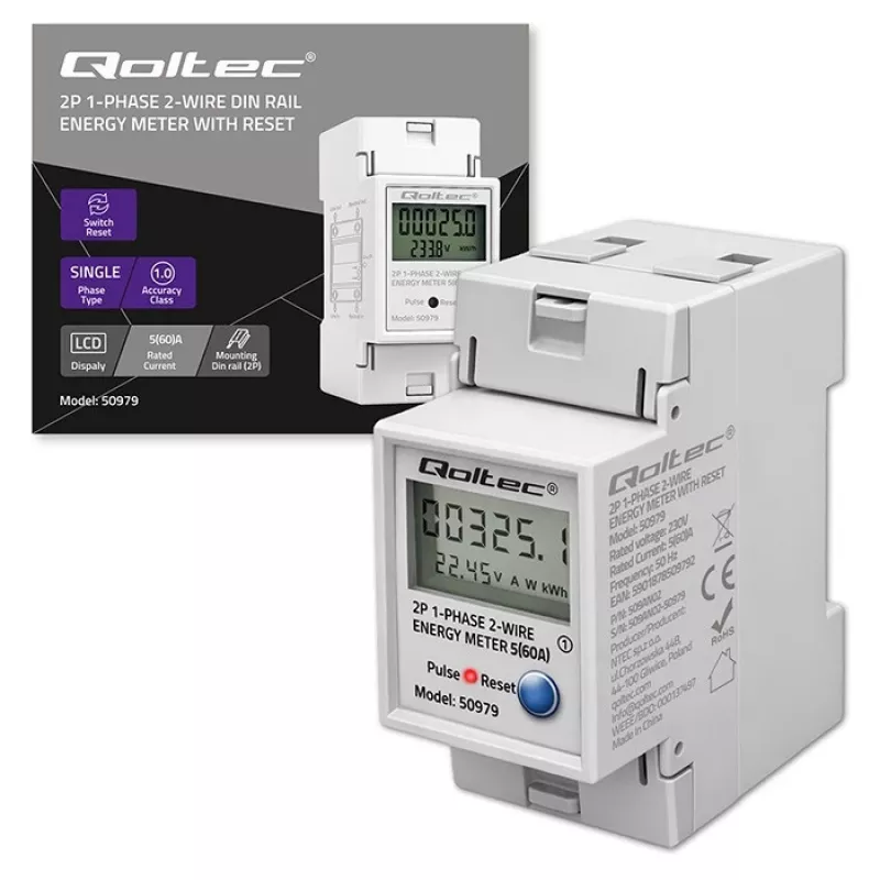 Enerģijas skaitītājs QOLTEC Vienfāzes DIN-sliežu 230V (50979)