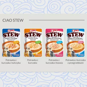 Mitrie gardumi kaķiem INABA Ciao Stew Chicken & Scallop paciņa 40 g — bezgraudu, pieaugušiem kaķiem, gaļīgi