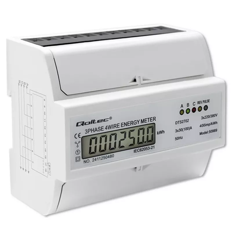 Qoltec Trīsfāžu Divvirzienu Elektroniskais Skaitītājs | DIN sliedes enerģijas patēriņa mērītājs | 400V | 100A | LCD | 4P
