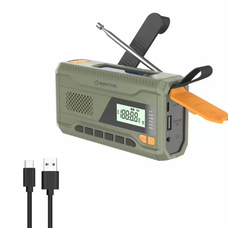 Portatīvais FM radio MANTA RDI401G ar saules paneli, dinamo rokturi, 4000–4500mAh akumulatoru, 5V USB izeju, 3W, lukturīti