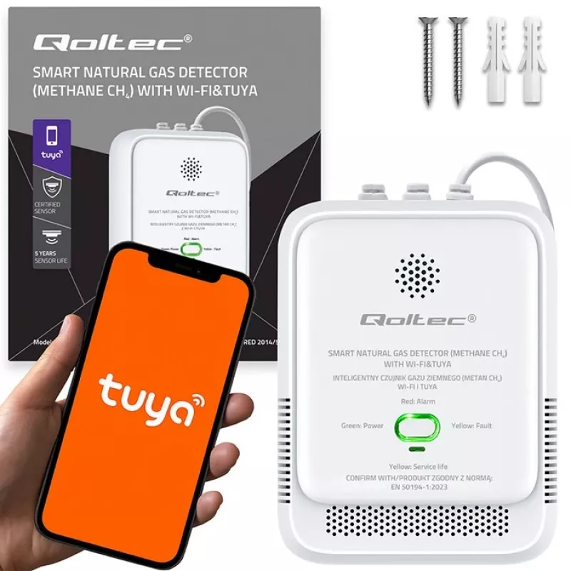 Gāzes noplūdes detektors QOLTEC NG Tuya — dabasgāzes (CH4) sensors, vieds Tuya-saderīgs