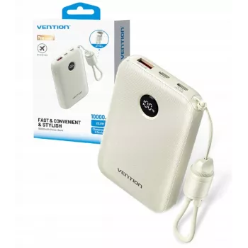Power bank Vention FKAN0-C 10000 mAh — 2× USB-C, 1× USB-A, 22.5 W, Bēšs