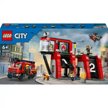Konstruktors LEGO City Ugunsdzēsēju stacija ar pagriežamām kāpnēm 60414 — 843 gabali, 5 minifigūras