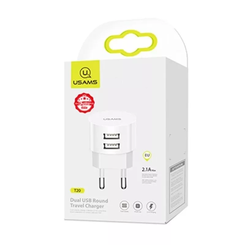 USAMS US-CC080 T20 Divu USB Apaļš Ceļojumu Lādētājs, 10.5W, Balts