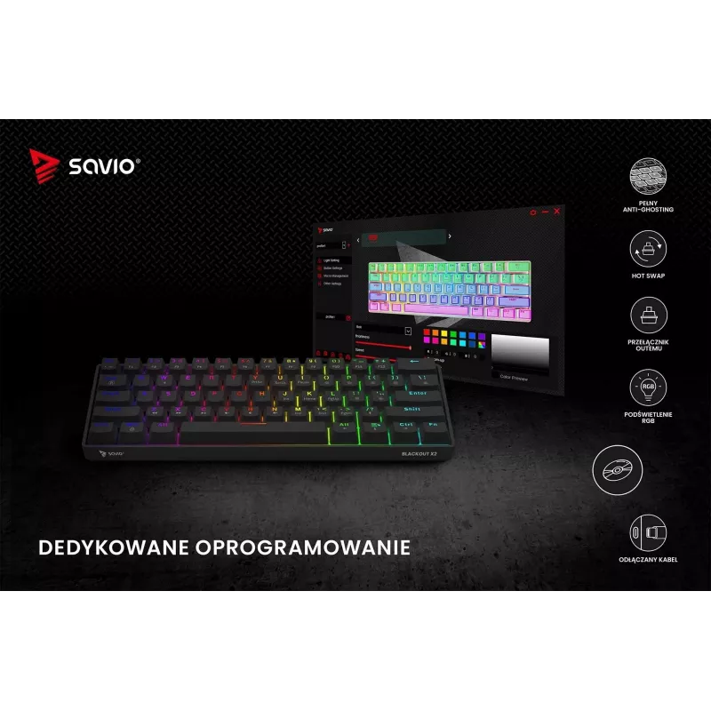 Mehāniskā spēļu tastatūra SAVIO BLACKOUT X2 PEACH — 61 taustiņš 60% QWERTY, RGB LED, hot-swap, USB Type-A/Type-C, atvienojams kabelis