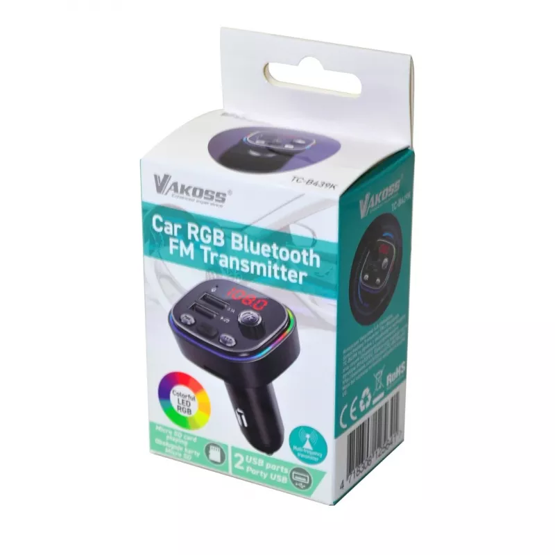 FM raidītājs VAKOSS TC-B439K Bluetooth USB, 87.5–108 MHz, microSD/USB atskaņošana, 5V/3.1A izeja, RGB displejs