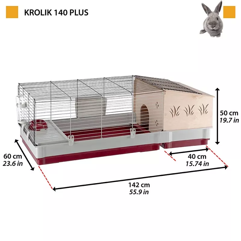 Būris trušiem Ferplast Krolik 140 Plus, Pelēks/Sarkans, W1420×D600×H500 mm, Metāls/Plastmasa