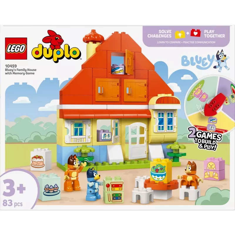 Būvniecības rotaļlieta LEGO Bluey Ģimenes māja ar atmiņas spēli 10459 — 83 gabali, 3 minifigūras, vecums 3+