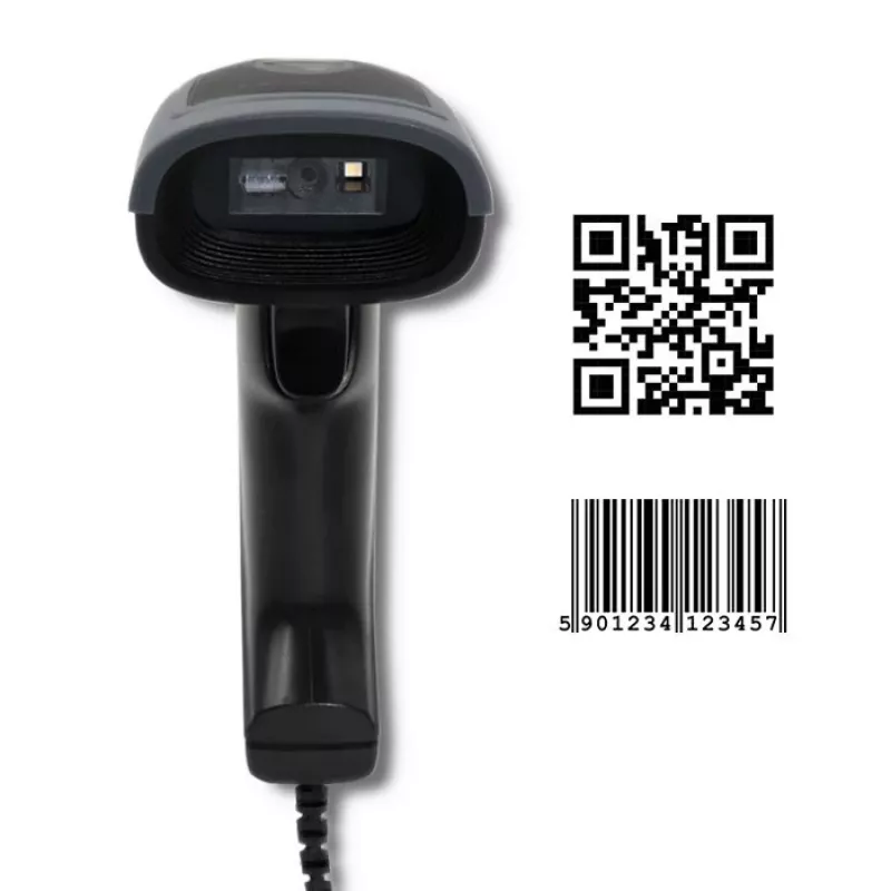 Rokas svītrkodu lasītājs QOLTEC 50863 — 1D/2D skeneris, USB vads, LED sensors, melns, 5V, 1.8 m kabelis