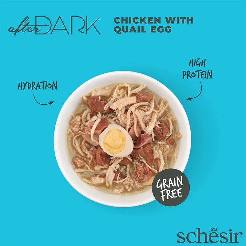 Slapjš kaķu barības buljons Agras Pet Foods Schesir after Dark Complete Brühe 80 g — vistas gaļa, bezglutēna, pieaugušiem kaķiem