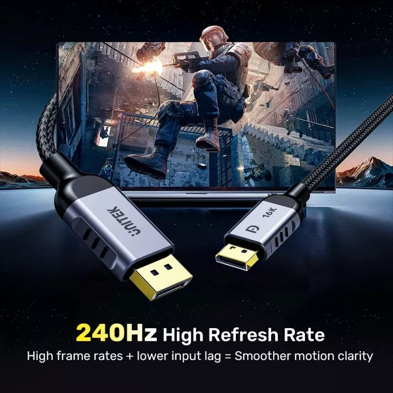 DisplayPort kabelis Unitek C1626GY01-1.5M — 1,5 m, DisplayPort 2.1, Tēviņš-Tēviņš, 360 Hz, 15360×8640, Pelēks
