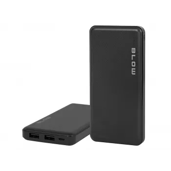 Pārnēsājams ārējais akumulators BLOW PB10A 10000mAh polimēra baterija, 2x USB-A izejas, 22.5W kopējā jauda, Micro‑USB ieeja, melns