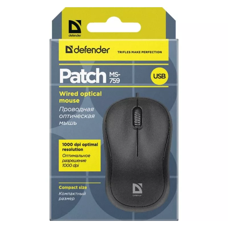 Vadu optiskā pele DEFENDER PATCH MS-759 USB Type-A, ambidekstrāla, 1000 DPI, melna