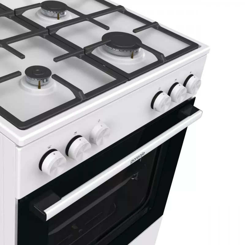 Brīvi stāvoša gāzes plīts Gorenje GG6A10WFFM, balta, 4 degļu virsma, 72 L gāzes cepeškrāsns, rotējošas priekšējās vadības