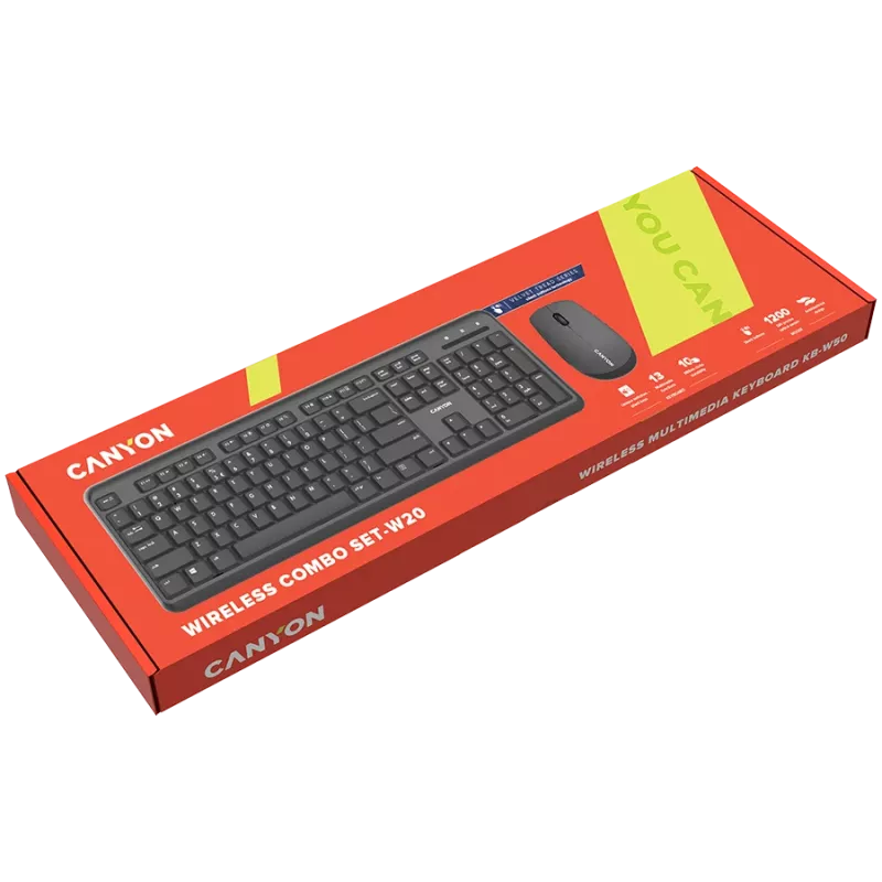 Bezvadu tastatūras un peles komplekts CANYON CNS-HSETW02-UK/US Black Velvet — kompakts bezvadu komplekts ar USB uztvērēju