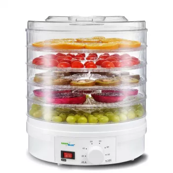 GreenBlue GB190 žāvētājs sēnēm, dārzeņiem un augļiem, 5 paliktņi, 250 W, regulējama temperatūra 35–70 °C, balts