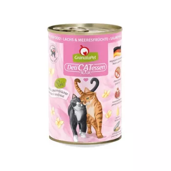 Slapjā barība kaķiem Fox4Pets GranataPet DeliCATessen lasis & jūras veltes 400 g — bezgraudu, pilnvērtīga pieaugušiem kaķiem