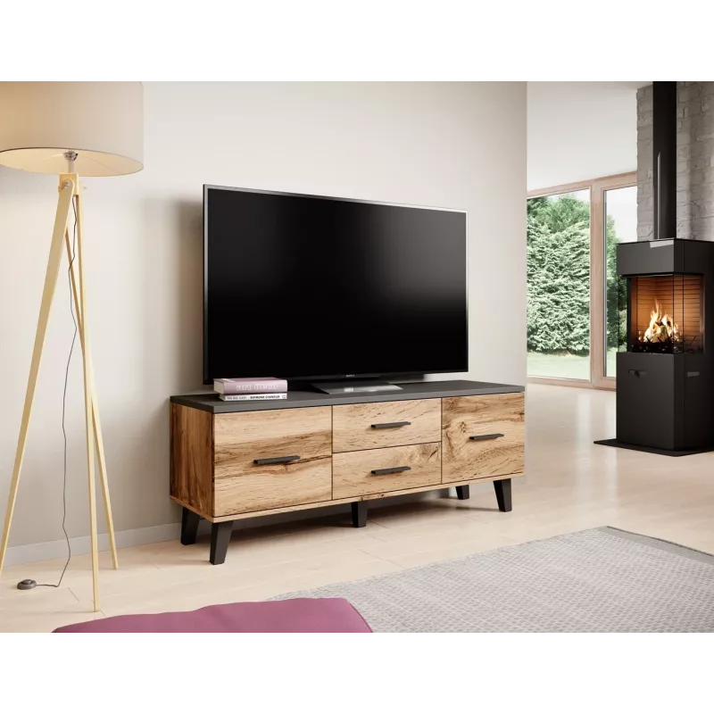 TV statīvs Cama Meble LOTTA 140 cm — wotan ozola rāmis, melna skaidu plātnes virsma, 1400×400×530 mm