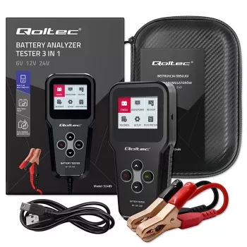 Qoltec 52489 Digitālais akumulatora analizators 3-in-1 ar LCD un daudzvalodu atbalstu 6V | 12V | 24V | 30Ah-200Ah