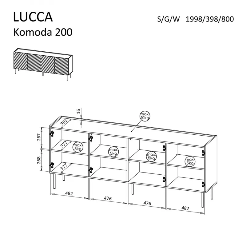 Kumode cama meble LUCCA 4D, 200×40×80 cm, melna, skaidu plātnes rāmis