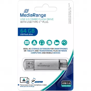 Combo atmiņas kociņš 64 GB, USB zibatmiņa Sudrabs/caurspīdīgs, USB-A 3.2 Gen 1, USB-C 3.2 Gen 1