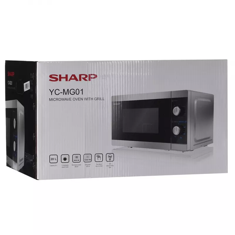 Kombinētā mikroviļņu krāsns Sharp YC-MG01E-S — 20 L, 800 W mikroviļņi, 1000 W grils, 5 jaudas līmeņi, rotācijas vadība, 25,5 cm pagrieziena galds